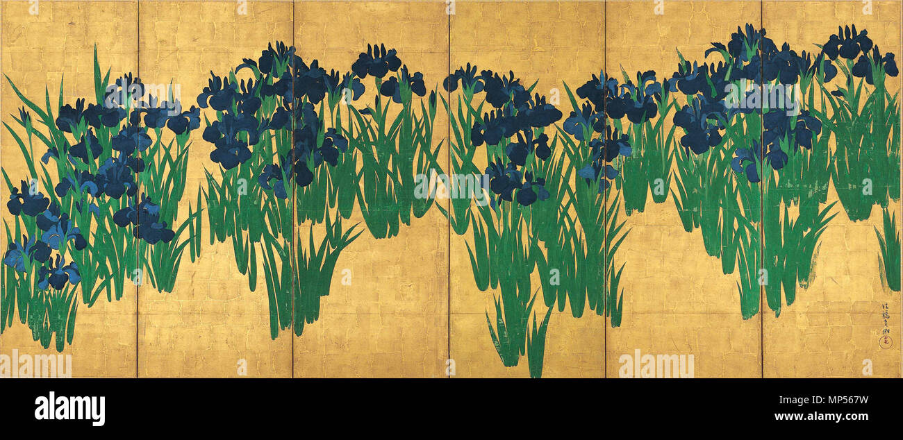 . English: Irises (紙本金地著色燕子花図, shihonkinjichoshoku kakitsubata zu). One of two six-section folding screens (byōbu), 150.9 x 338.8 cm each. Ink and color on paper with gold leaf background. Located at the Nezu Art Museum, Tokyo. Formerly held by the Nishi Honganji, Kyoto. The screen has been designated as National Treasure of Japan in the category paintings. between 1701 and 1702.   Ogata Kōrin  (1658–1716)     Alternative names 尾形光琳  Description Japanese painter  Date of birth/death 1658 2 June 1716  Location of birth/death Kyoto Kyoto  Authority control  : Q952938 VIAF: 95891668 ISNI: 0000 00 Stock Photo