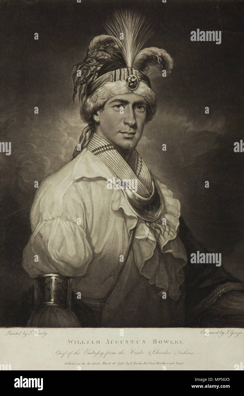 . English: William Augustus Bowles (1763-1805), also known as Estajoca, Mezzotint, waist-length portrait of man in 3/4 view, wearing white shirt, metal arm band, necklaces, gorget, shoulder bag and feathered headdress. Museum of Early Southern Decorative Arts, Accession Number: 3765. Note: Born in Maryland of English ancestry, he was an adventurer who served with the Maryland Loyalists Battalion as an ensign during the American Revolution. Some account credit him with the name Billy Bowlegs, and connect him to piracy. 1791. Thomas Hardy (1757-1804) 1264 William Bowles Stock Photo