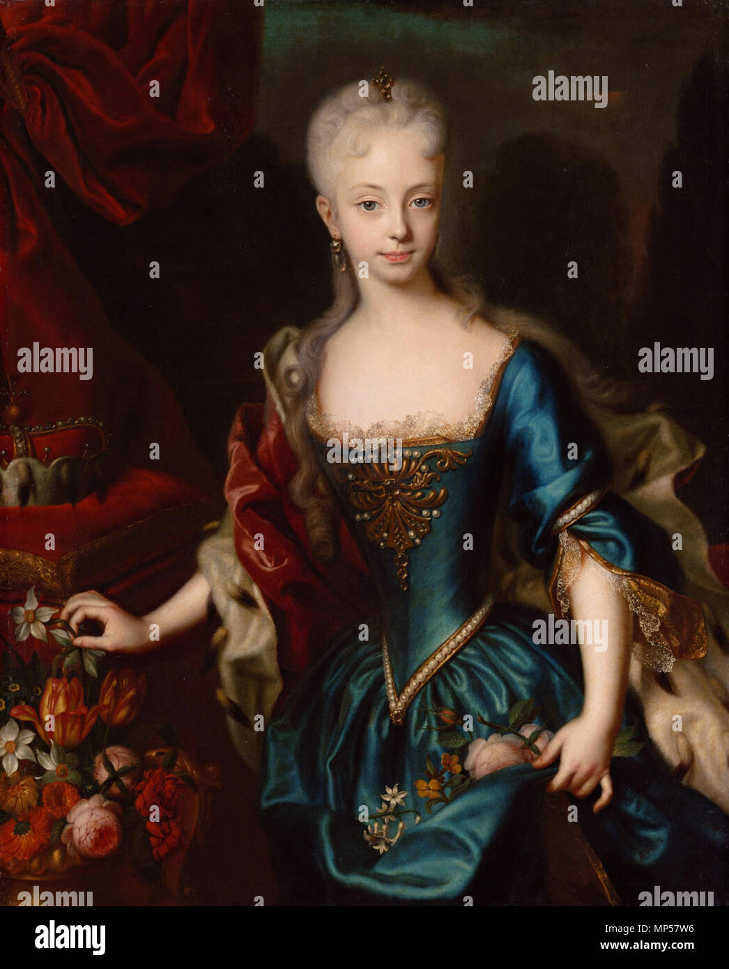 Erzherzogin Maria Theresia (1717-1780) im Alter von elf Jahren, Kniestück siehe/see: Kunsthistorisches Museum Wien, Bilddatenbank. According to telephone information by the head of the picture gallery of Vienna Museum of History of Arts, MA Mrs. Elisabeth Wolfik, the dating of this picture by year AD as well as by the princess' age is not documented. Therefore both datings are speculative. The title, litterally '… at the age of eleven', has to be understood as 'about ten years or a bit older'. 1727 or few years later.   915 Andreas Moeller - Erzherzogin Maria Theresia - Kunsthistorisches Museu Stock Photo