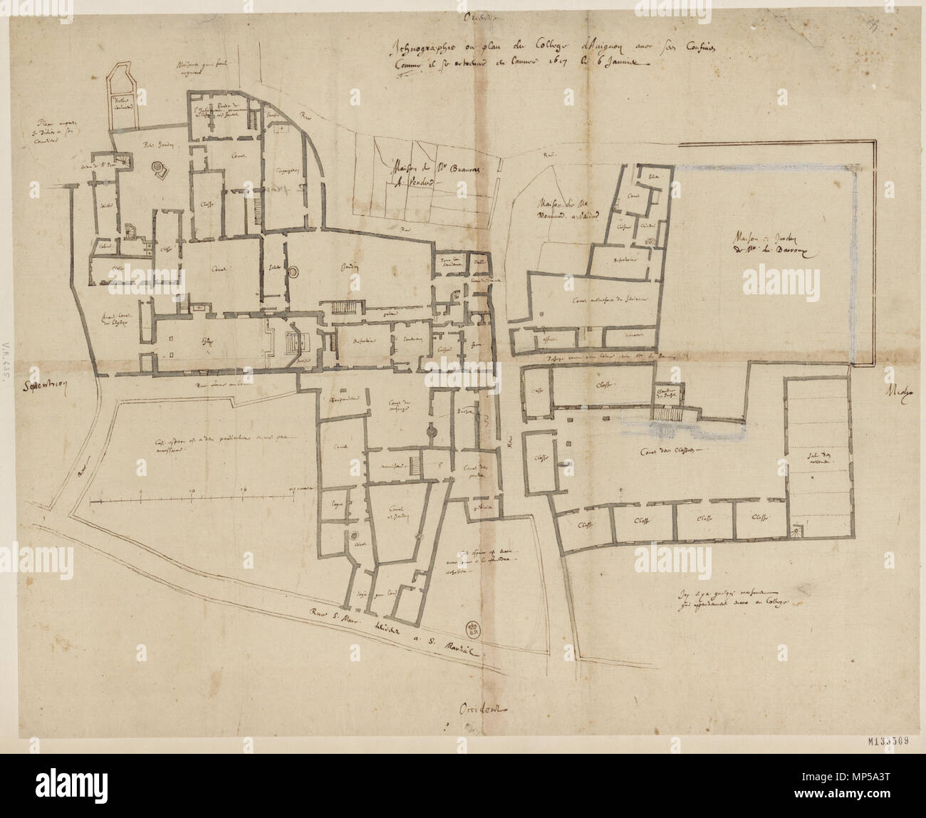 Collège d'Avignon, France : relevé de l'état des lieux .  English: Plan of the Jesuit college in Avignon. The college included the Livrée de Ceccano (now the Médiathèque Ceccano) which is shown on the left hand side. . 1617.   864 Martellange 1617 Avignon plan college 625 Stock Photo