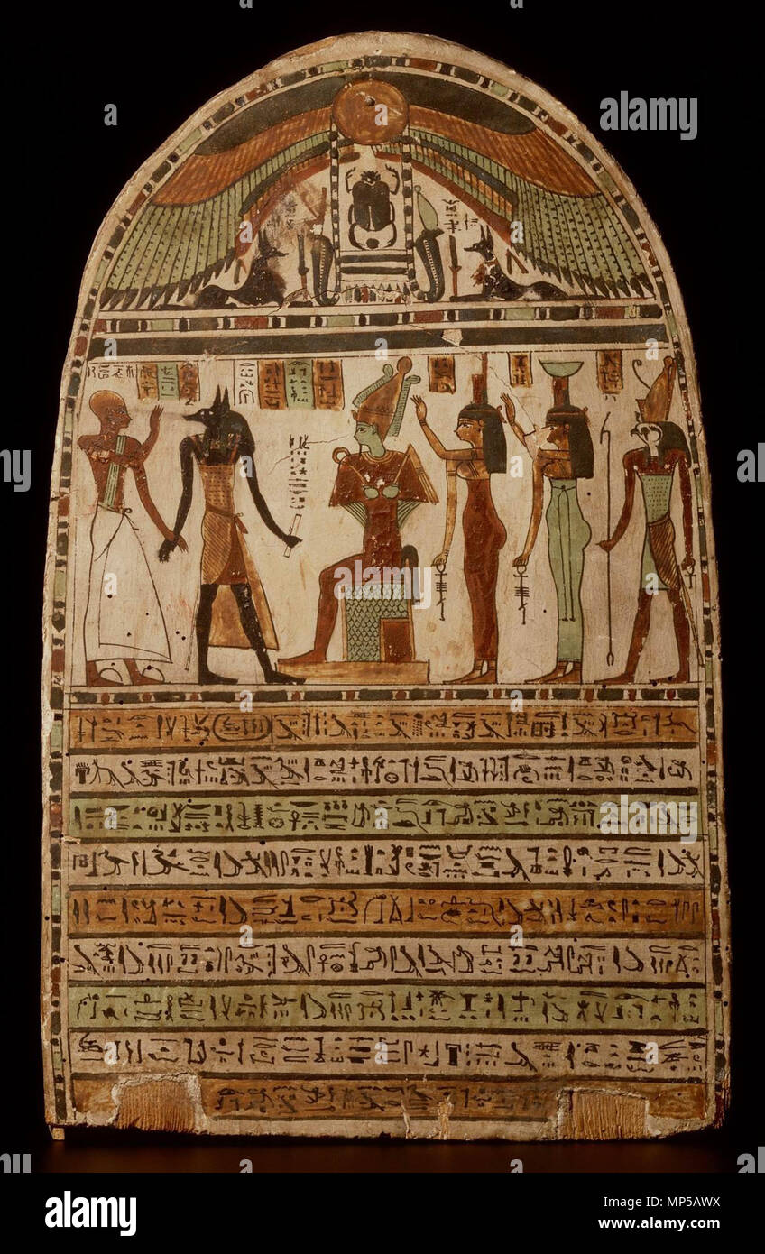 . The Ancient Egyptian stele of Pasheryenpakhem (Pashenpakhem), son of Pashe(n)min. Pasheryenpakhem is led by Anubis to seated Osiris followed by Isis, Nephthys and Harendotes, with nine lines of divine decree below, painted wood, mid- to late Ptolemaic, formerly in G. Anastasi collection, now in Leiden, Rijksmuseum van Oudheden, Inv. AH.21. uncredited. uncredited 963 Pasheryenpakhem stela Stock Photo