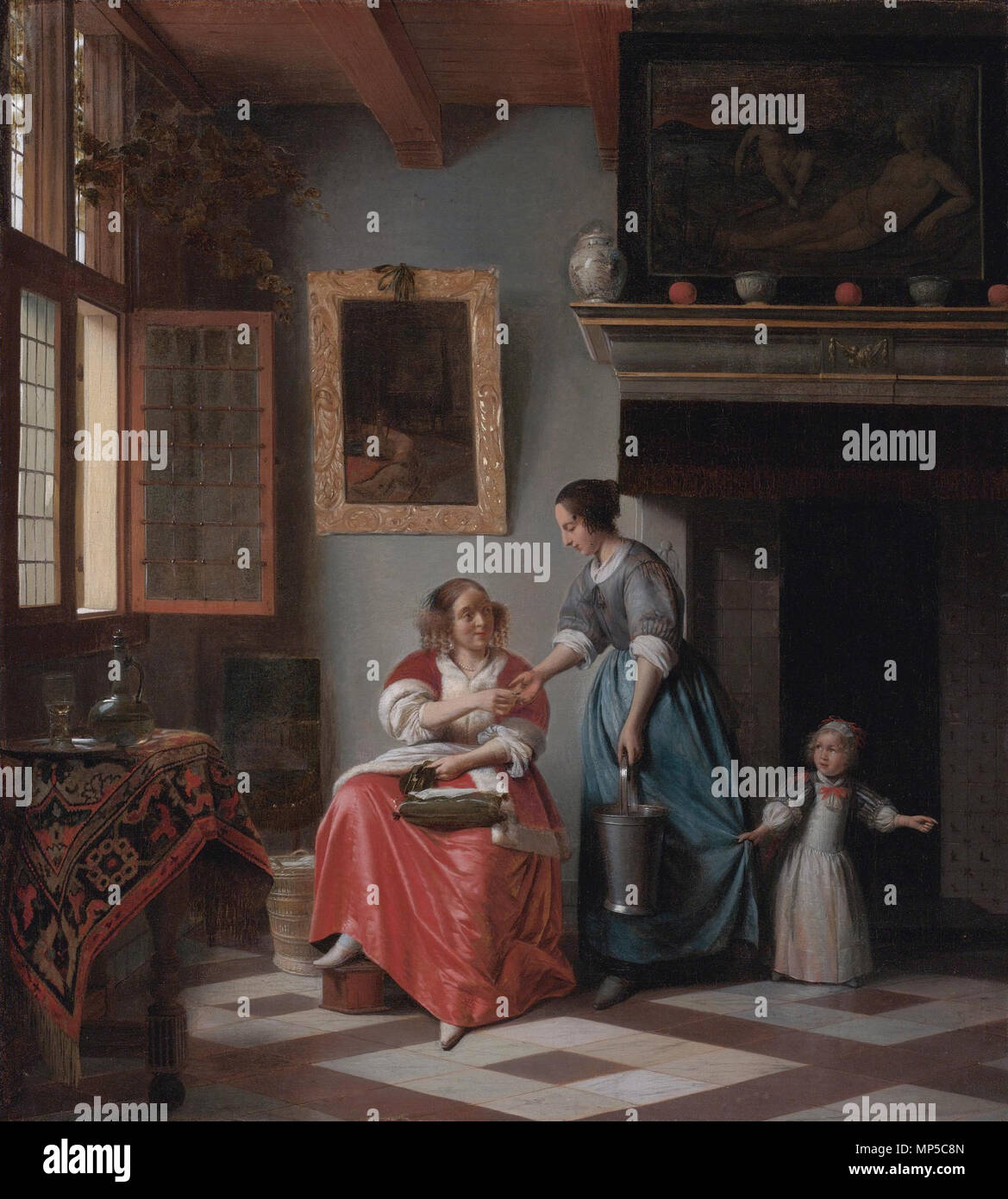 A woman handing a coin to a serving woman with a child *oil on canvas *73 x 66 cm *signed r.: P D HOOCH *circa 1668-1672 A woman handing a coin to a serving woman with a child, by Piete 992 Pieter de Hooch - Woman hands over money to her servant - 1670 Stock Photo