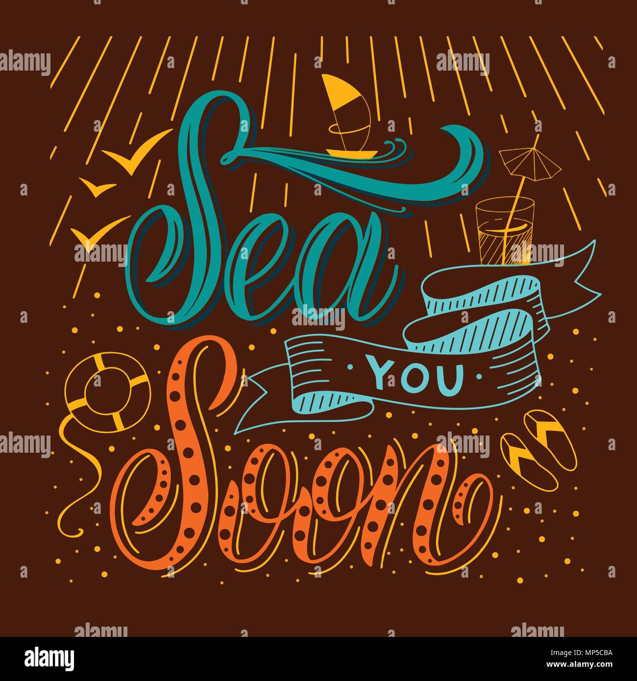 Summer handdrawn lettering. Sea you soon. Vector elements for ...