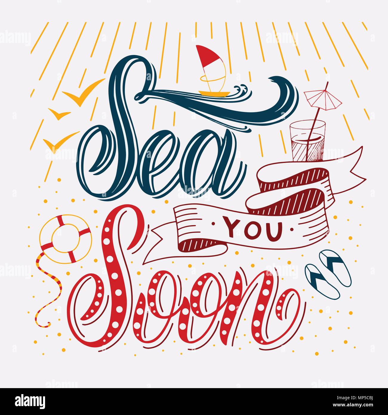Summer handdrawn lettering. Sea you soon. Vector elements for ...