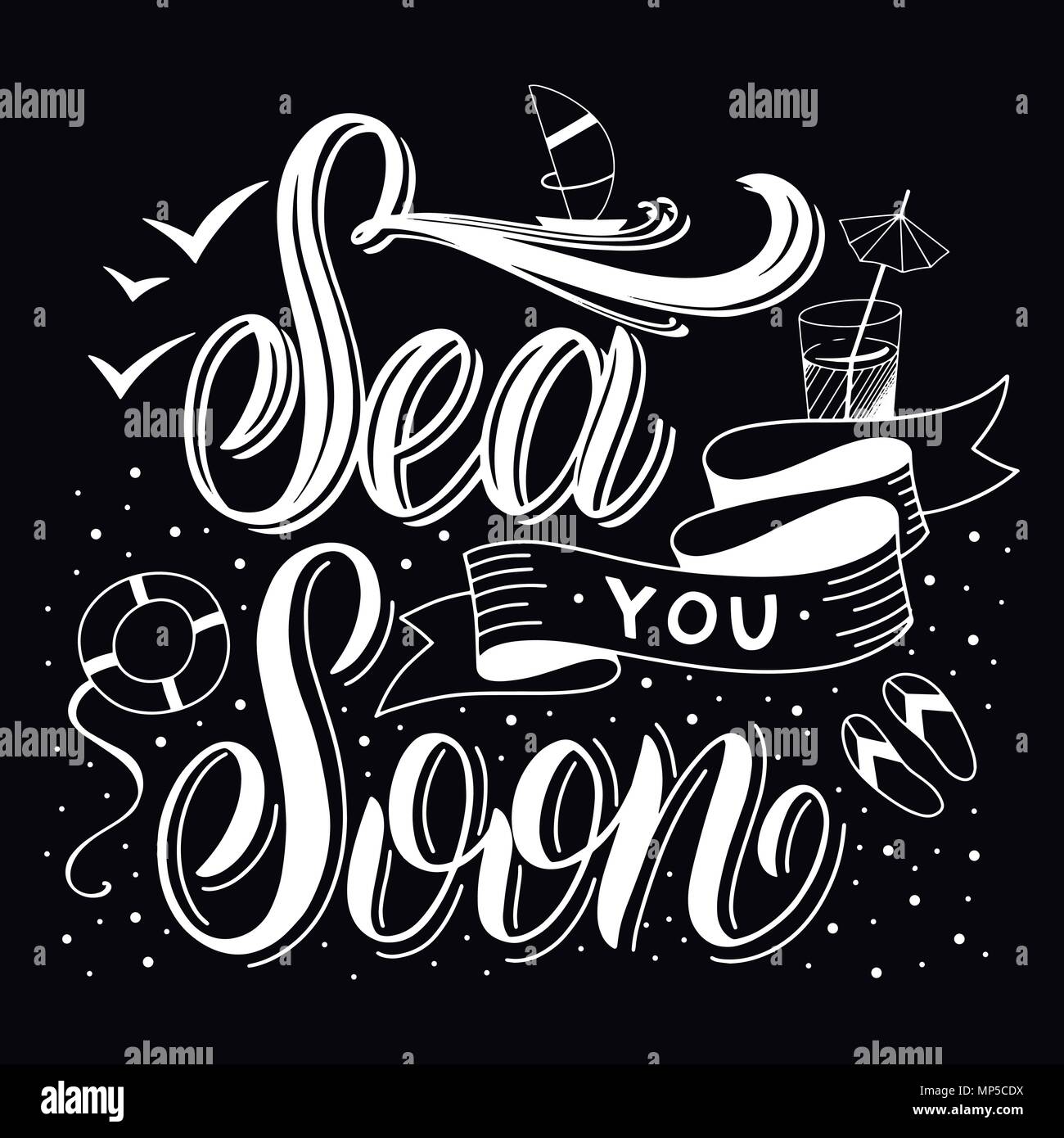Summer handdrawn lettering. Sea you soon. Vector elements for ...