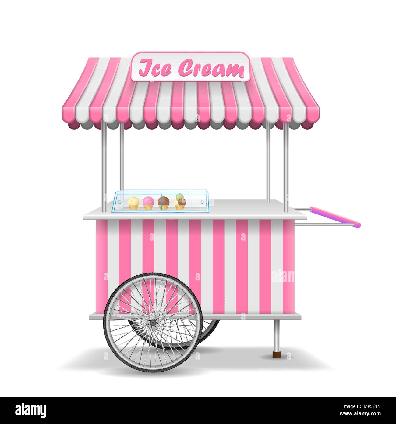 Realistic street food cart with wheels. Mobile pink ice cream market stall template. Ice cream kiosk store mockup. Vector illustration Stock Vector