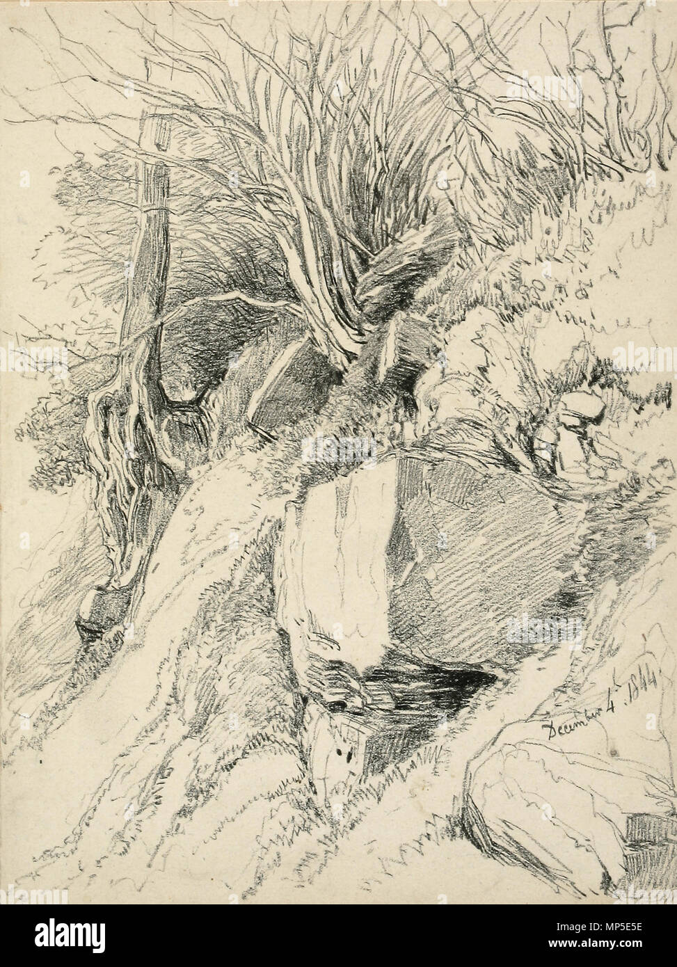 . English: Steep Bank, Rocks and Trees Pencil on paper; 184 x 243mm Inscr. br.: December 4th 1844 Accession: BIRSA:2007X.529 From the Lines family sketchbook, in the collection of the Royal Birmingham Society of Artists, Birmingham, England. See Rediscovering the Lines Family - Exhibition catalogue - 2009. 4 December 1844. Unattributed member of the Lines family 812 Lines family sketchbook - Disc1 037 - Steep Bank, Rocks and Trees Stock Photo