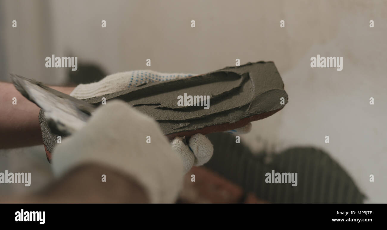 closeup worker applying concrete glue to brick cuts tile Stock Photo Alamy