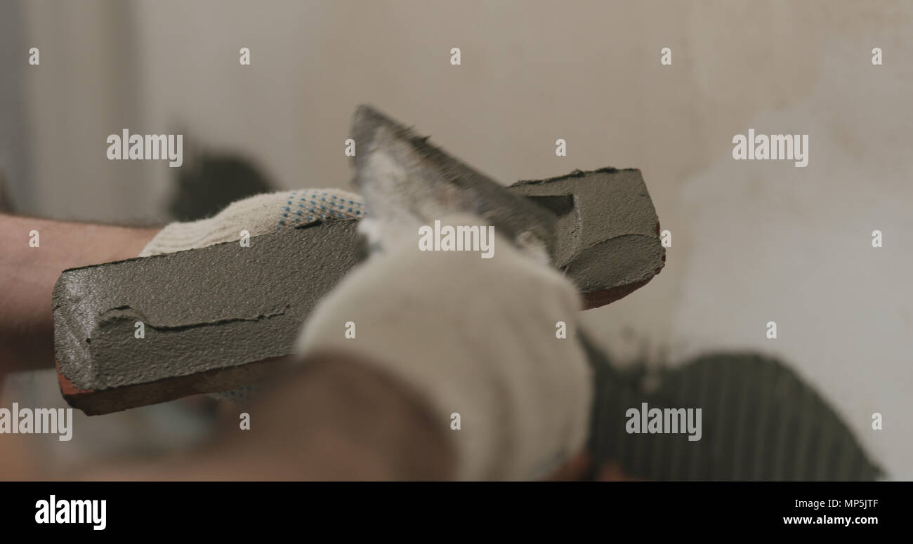 closeup worker applying concrete glue to brick cuts tile Stock Photo Alamy