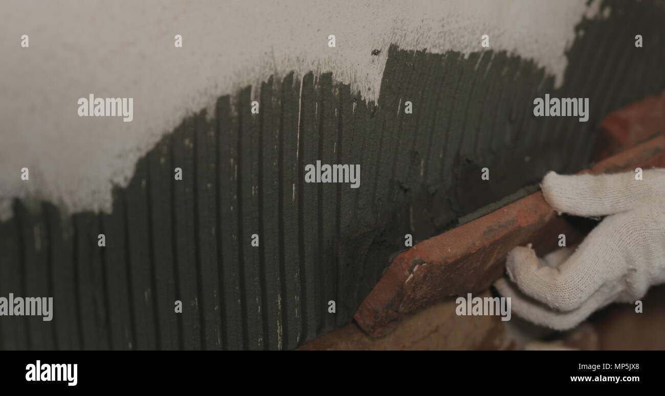 closeup worker applying brick cuts tile on the wall Stock Photo