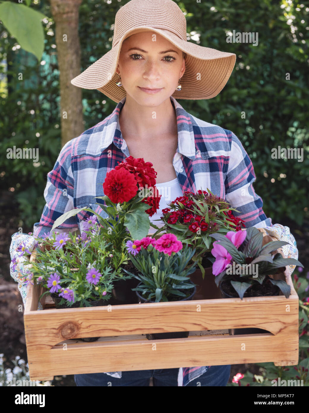Beautiful female gardener wearing straw hat holding wooden crate full of flowers ready to be planted in her garden. Gardening concept. Small business. Stock Photo