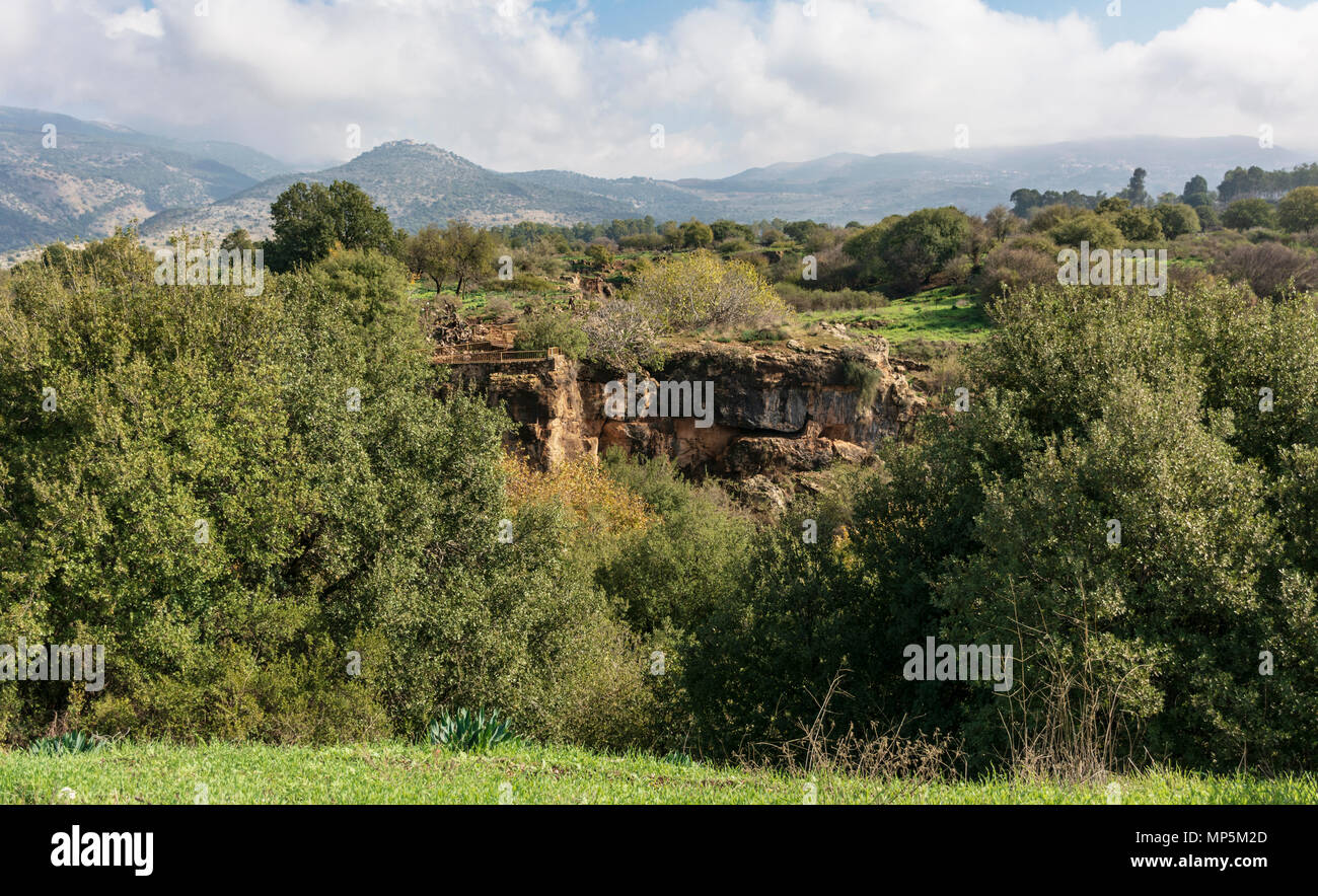 the nimrod fortress from the cliff above the Hermon River near Banyas Falls Stock Photo