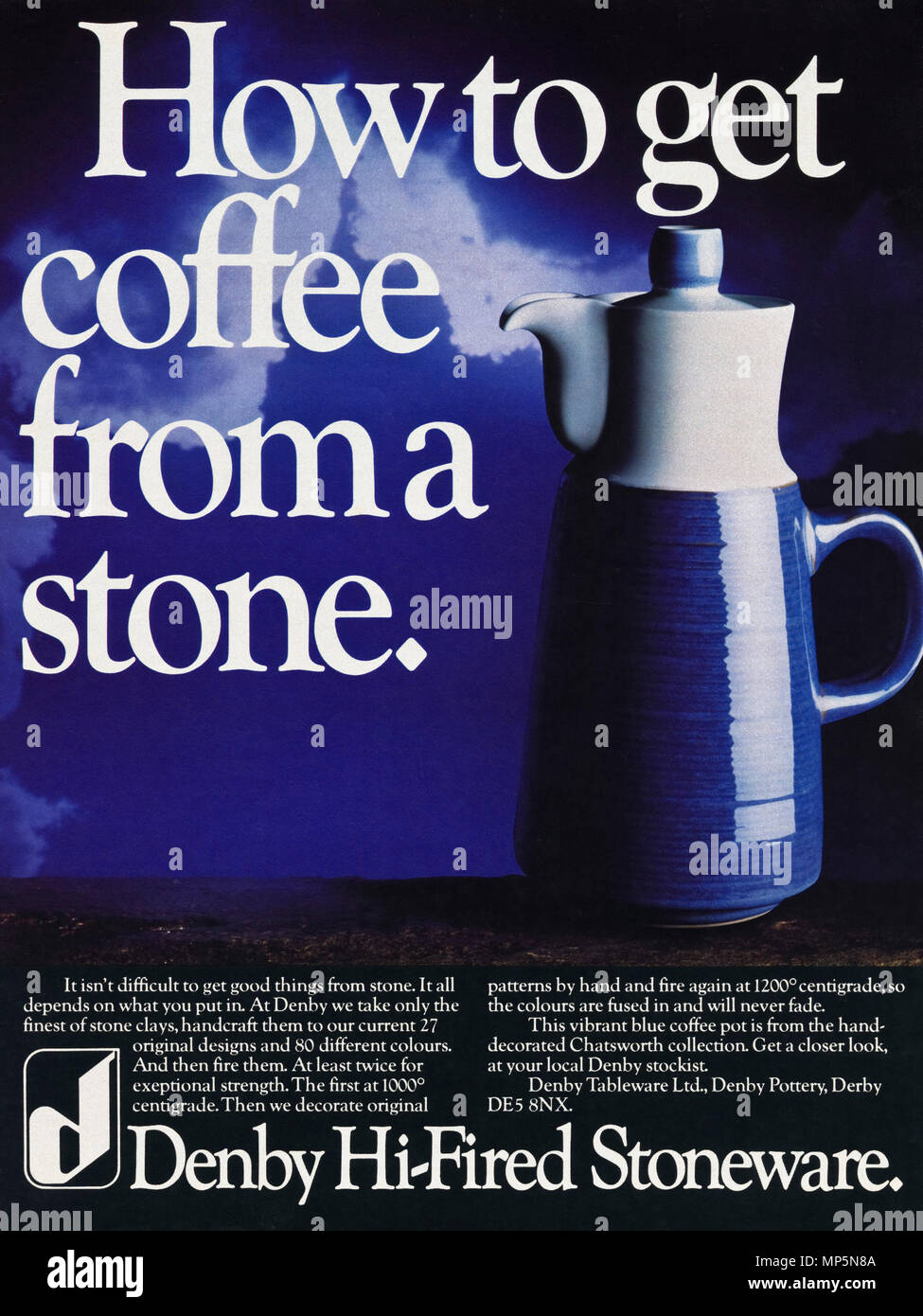1980s original old vintage advertisement advertising Denby hi-fired stoneware by Denby Tableware Ltd of Derby England UK advert in English magazine circa 1980 Stock Photo