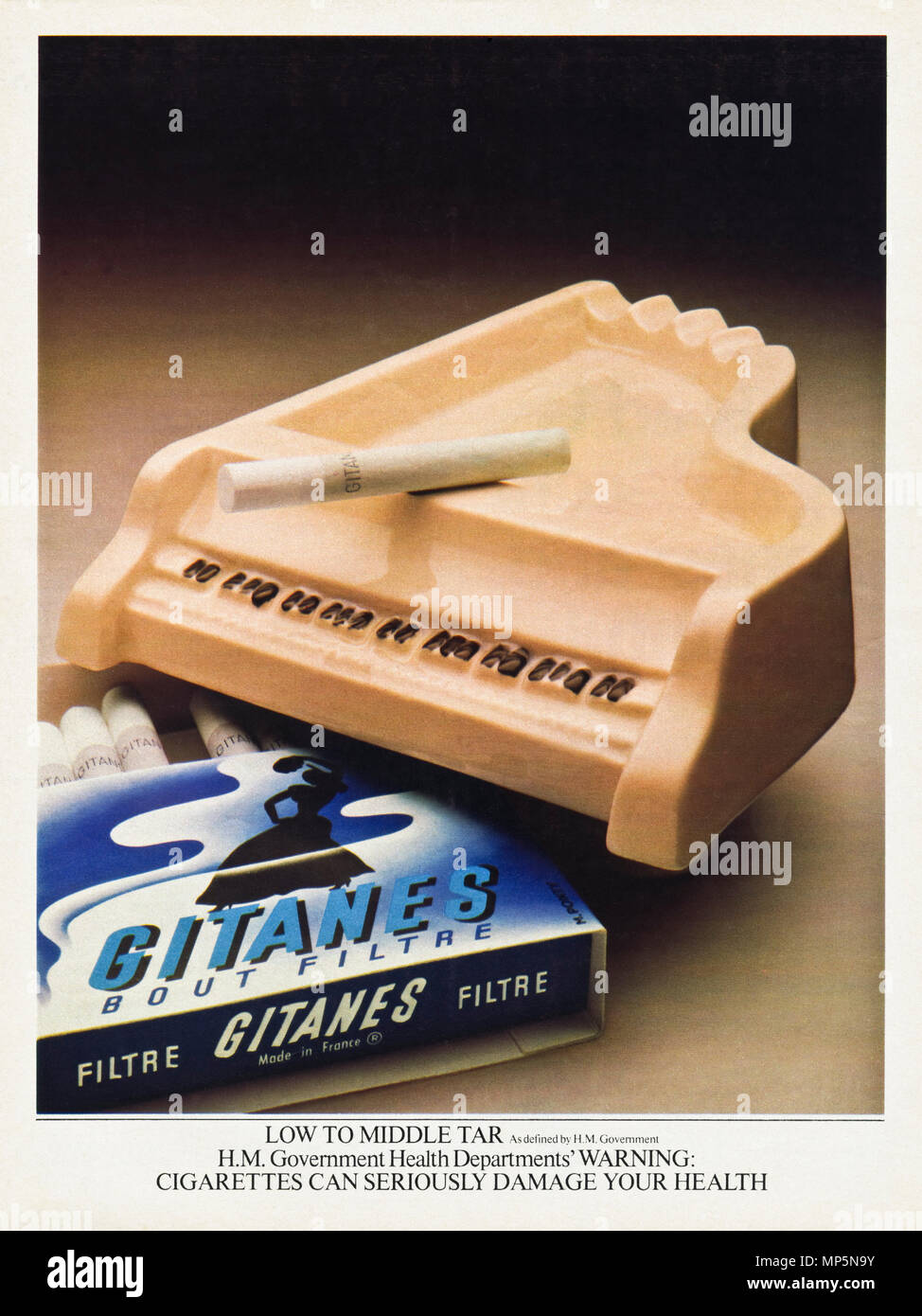 1980s original old vintage advertisement advertising Gitanes filter cigarettes made in France advert in English magazine circa 1980 Stock Photo