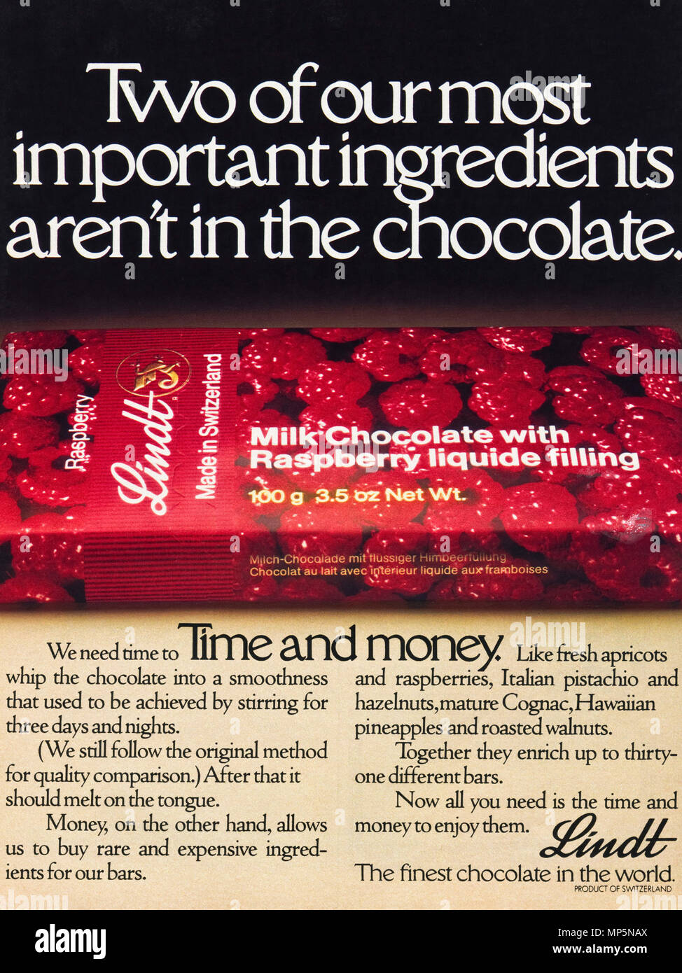 1980s original old vintage advertisement advertising Lindt chocolate advert in English magazine circa 1980 Stock Photo