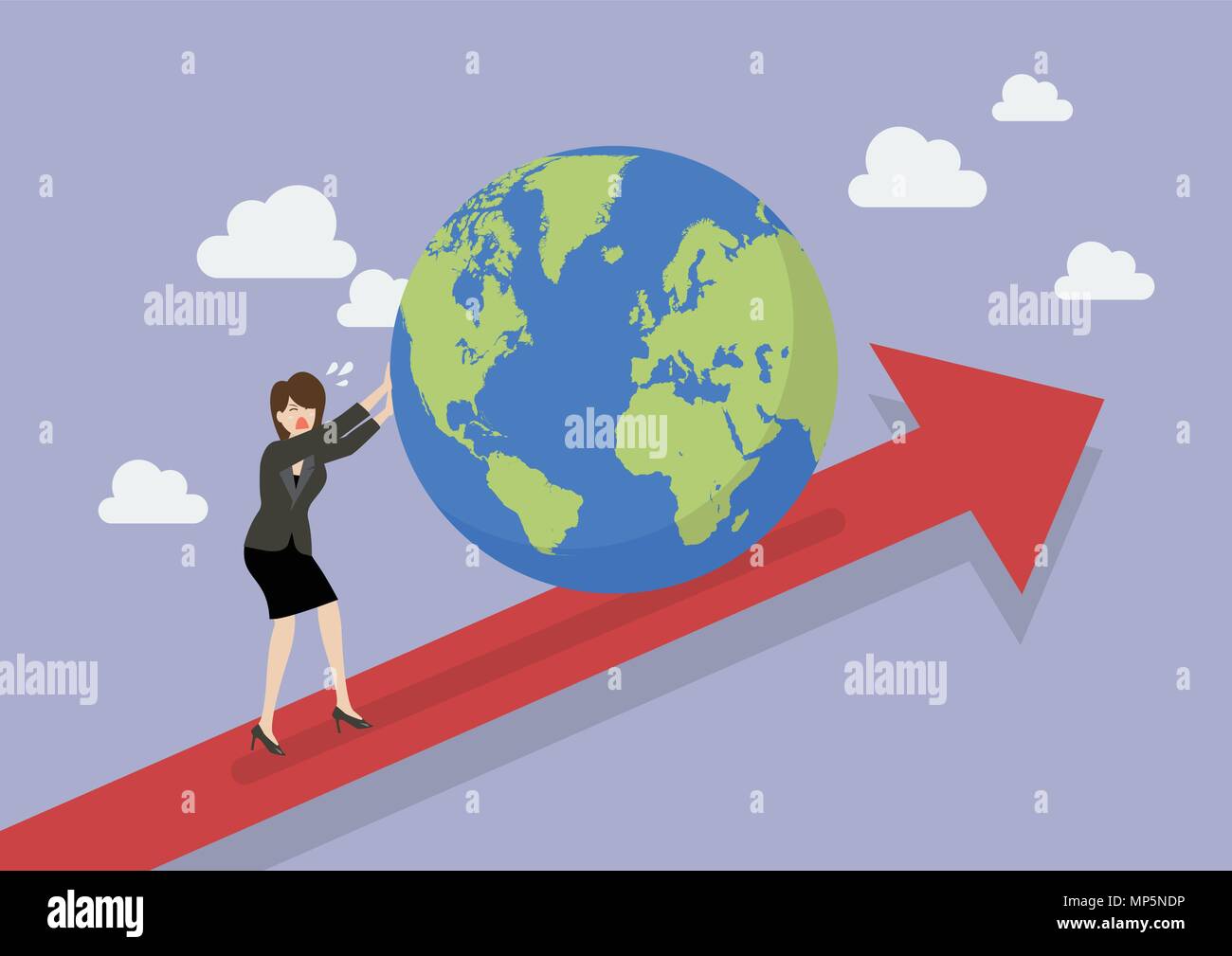 Business woman pushing the world on graph up. Business concept Stock Vector
