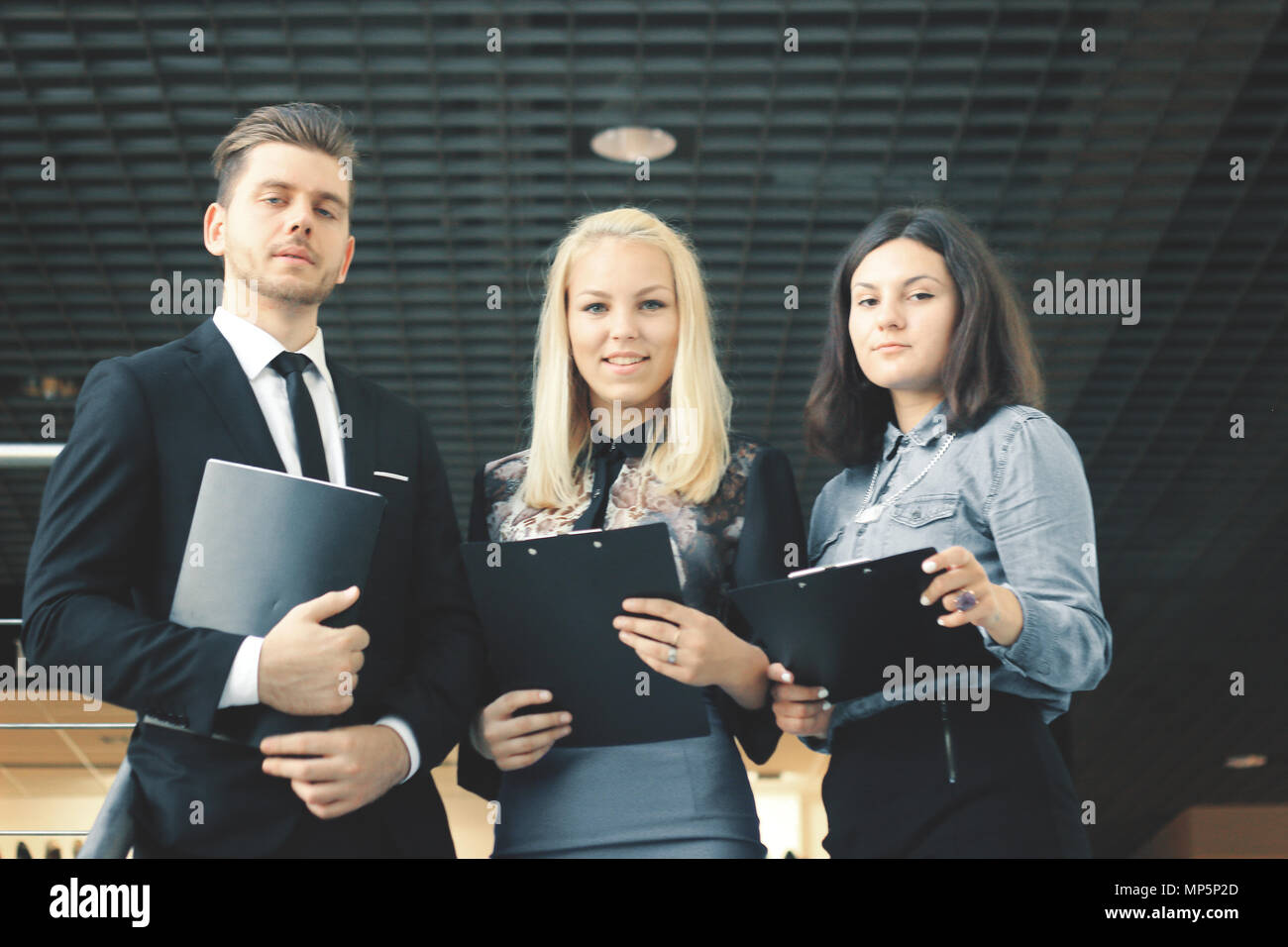 close up.group of business people talking on the balcony of the office Stock Photo