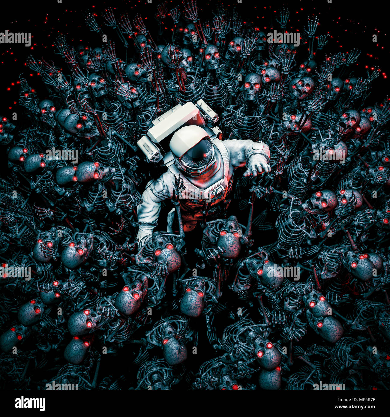 Planet of terror / 3D illustration of astronaut surrounded by a horde of robot zombie skeletons Stock Photo