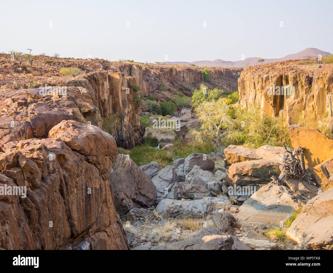 Rocky canyon with green bushes and trees in Palmwag Concession, Namibia, Southern Africa Stock Photo