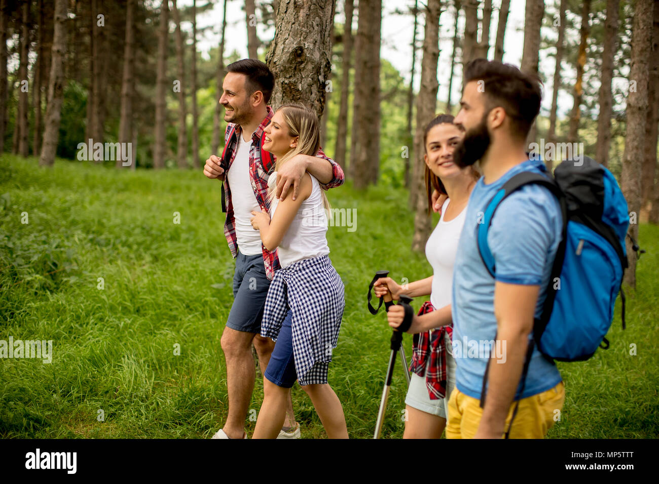 Group of young people are hiking in mountain at spring day Stock Photo ...
