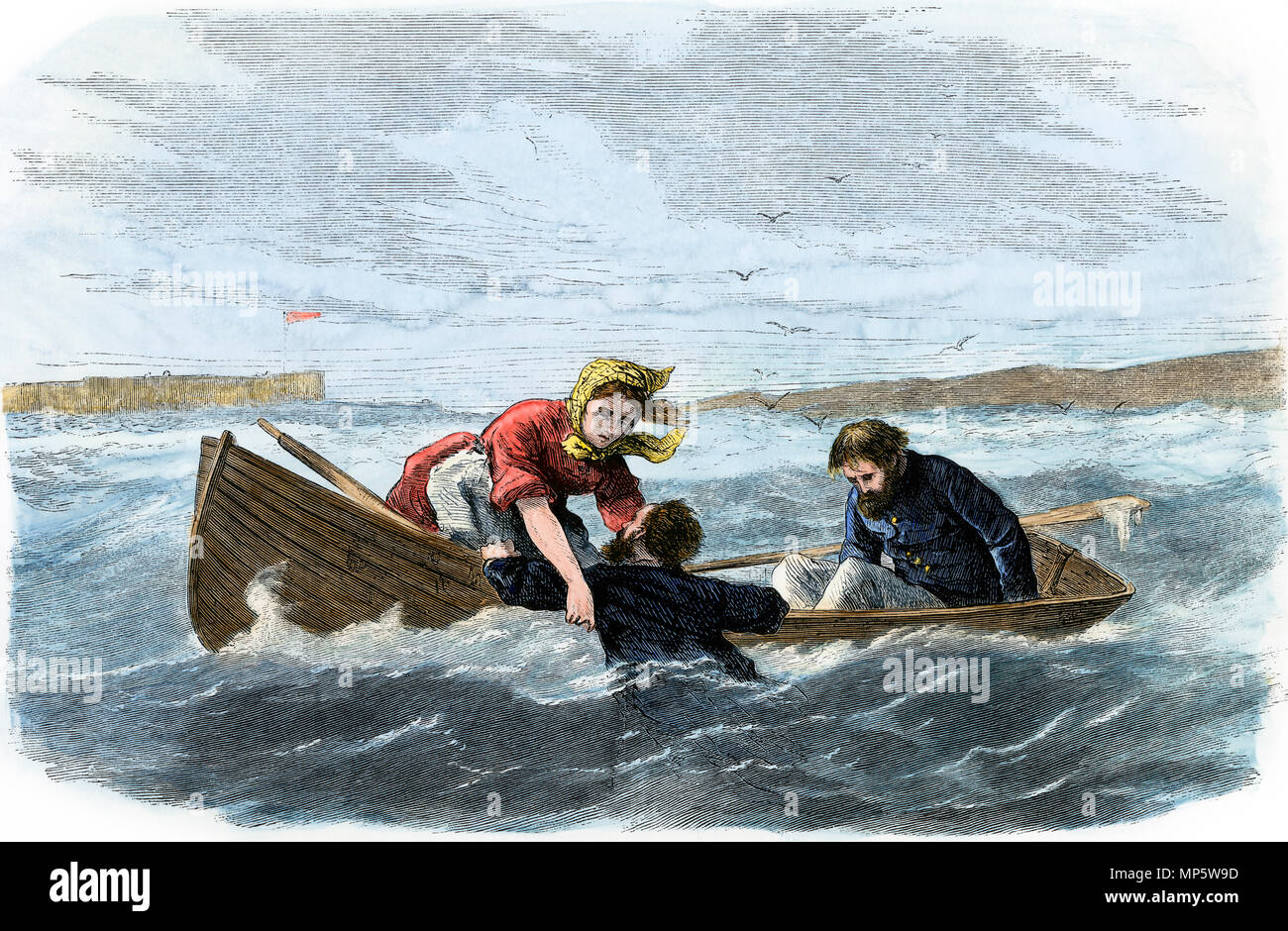 Lighthouse-keeper Ida Lewis rescuing two soldiers from drowning, Newport, Rhode Island, 1869. Hand-colored woodcut Stock Photo