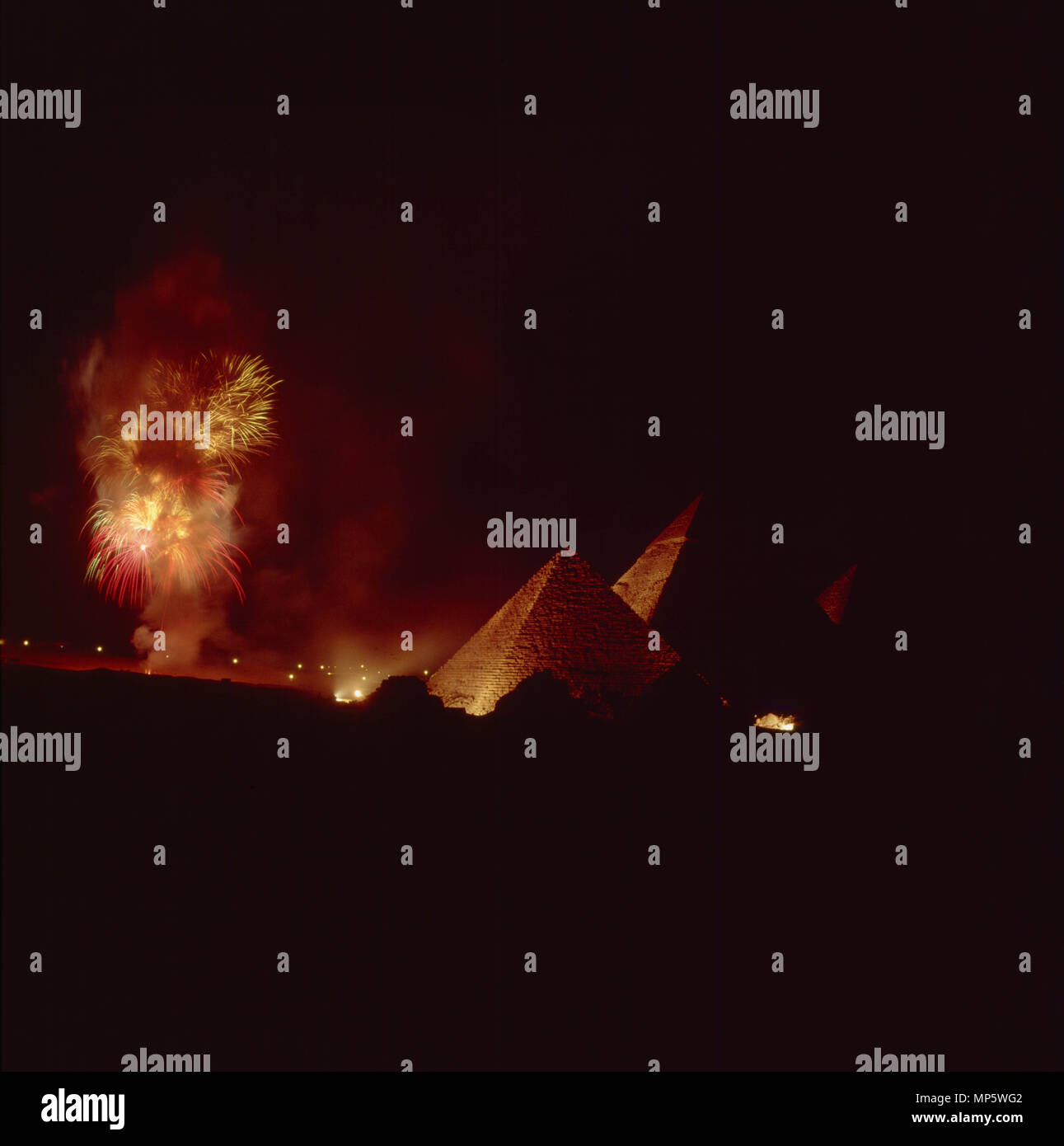 Fireworks at the Giza Pyramids Complex on the outskirts of Cairo, one