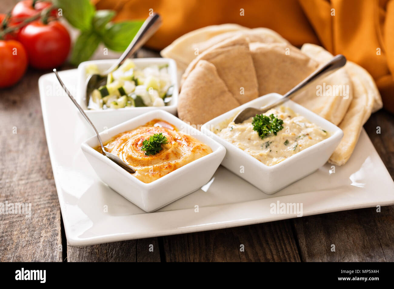 Hummus and pita plate Stock Photo Alamy