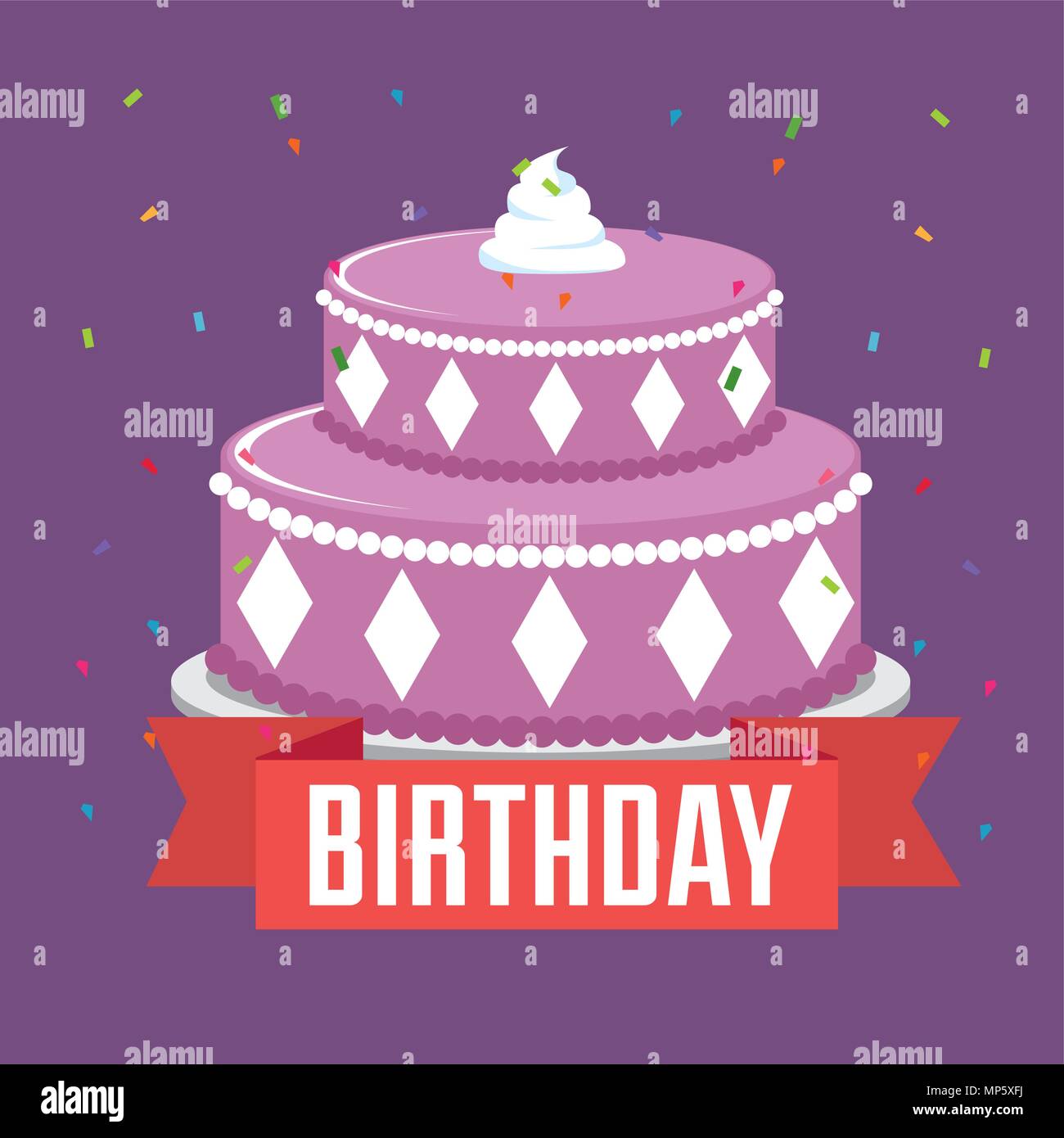 happy birthday card with sweet cake and ribbon frame Stock Vector Image ...