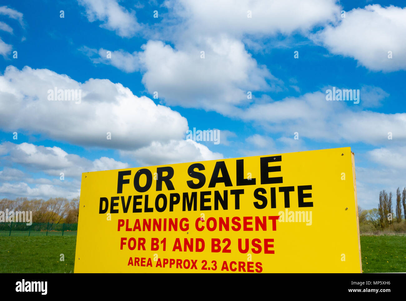 For sale sign: Development site, planning consent for B1 and B2 use. England. UK Stock Photo