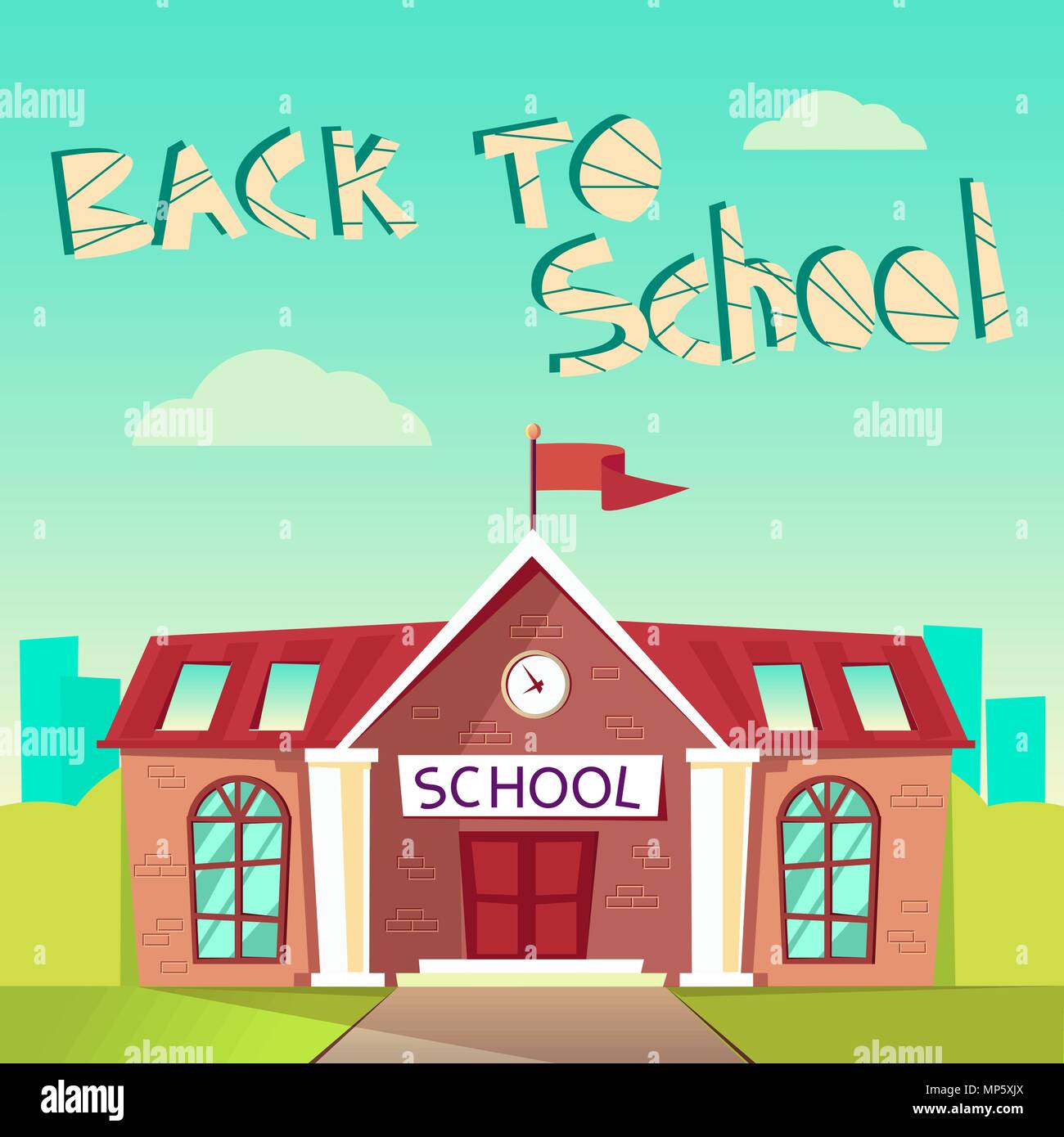 Back to School concept. Building schoolhouse flat vector illustration. Education poster. Elementary, high Stock Vector