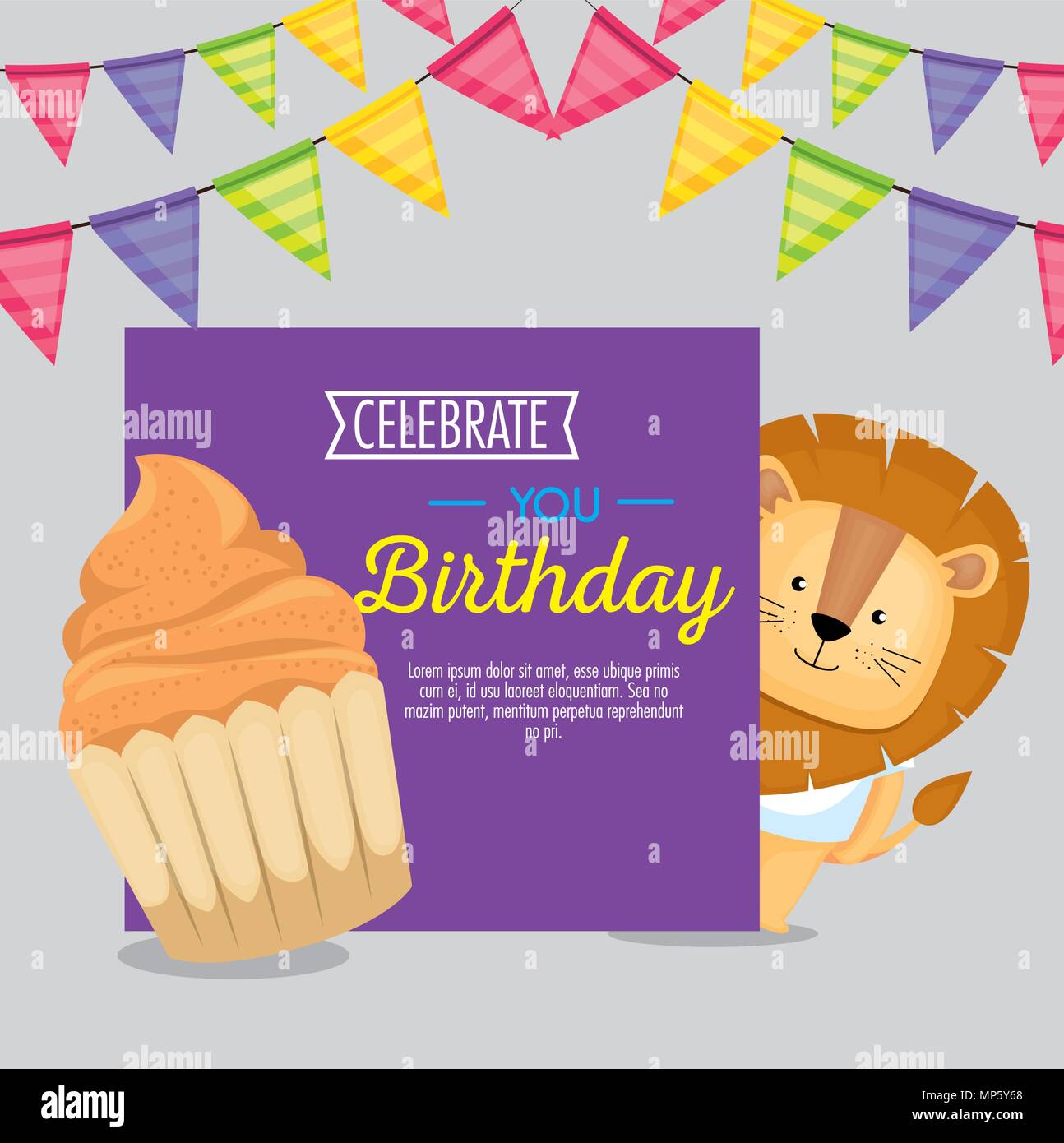 happy birthday card with cupcake and cute lion Stock Vector Image & Art ...