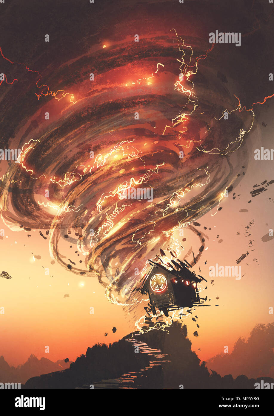 red tornado with lightning destroying the little old house, digital art style, illustration painting Stock Photo