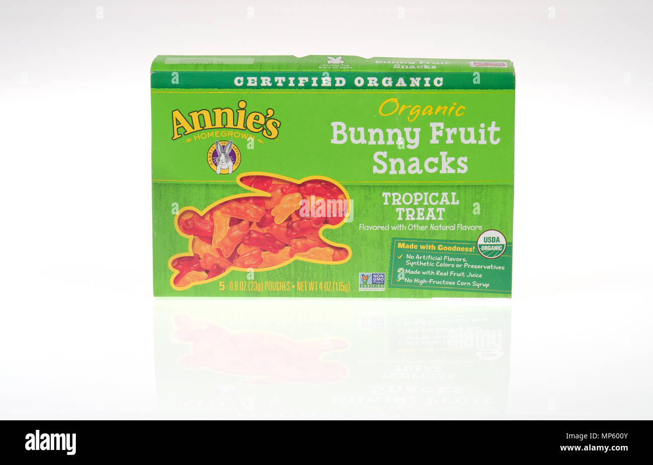 Box of Annie’s Organic Bunny Fruit Snacks on white background Stock Photo