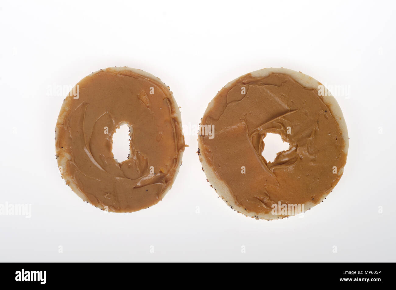 Peanut Butter on sliced bagel Stock Photo