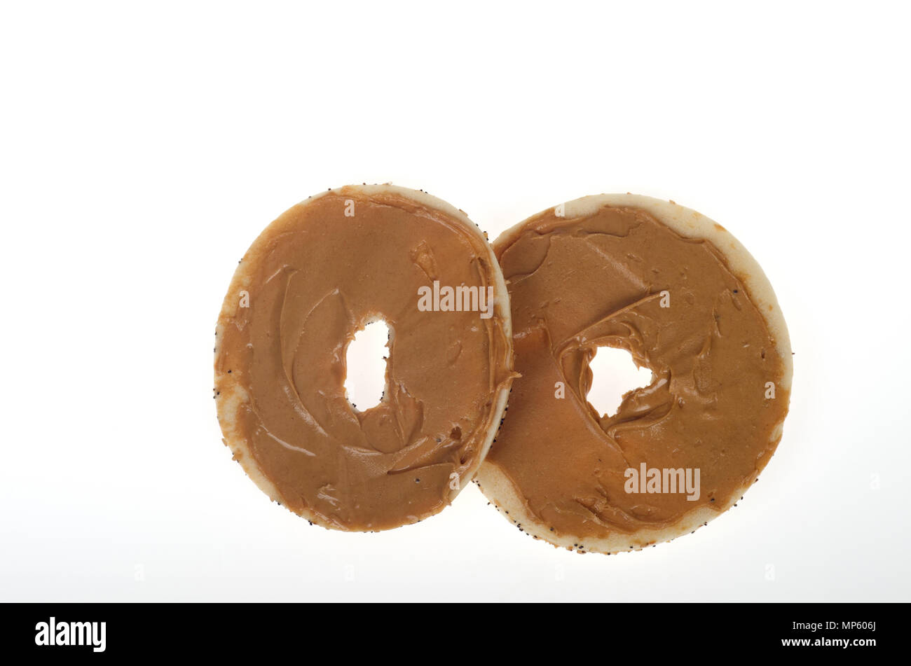 Peanut Butter on sliced bagel Stock Photo
