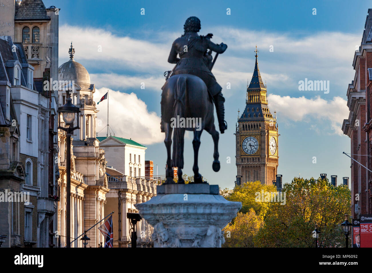 Statue of King Charles I and view from Trafalgar Square down Whitehall