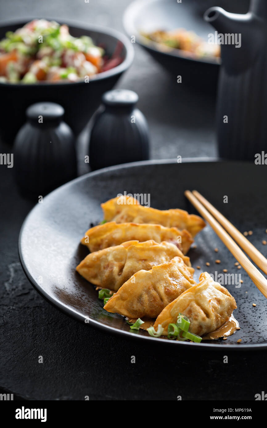 Fried potstickers with green onions Stock Photo Alamy