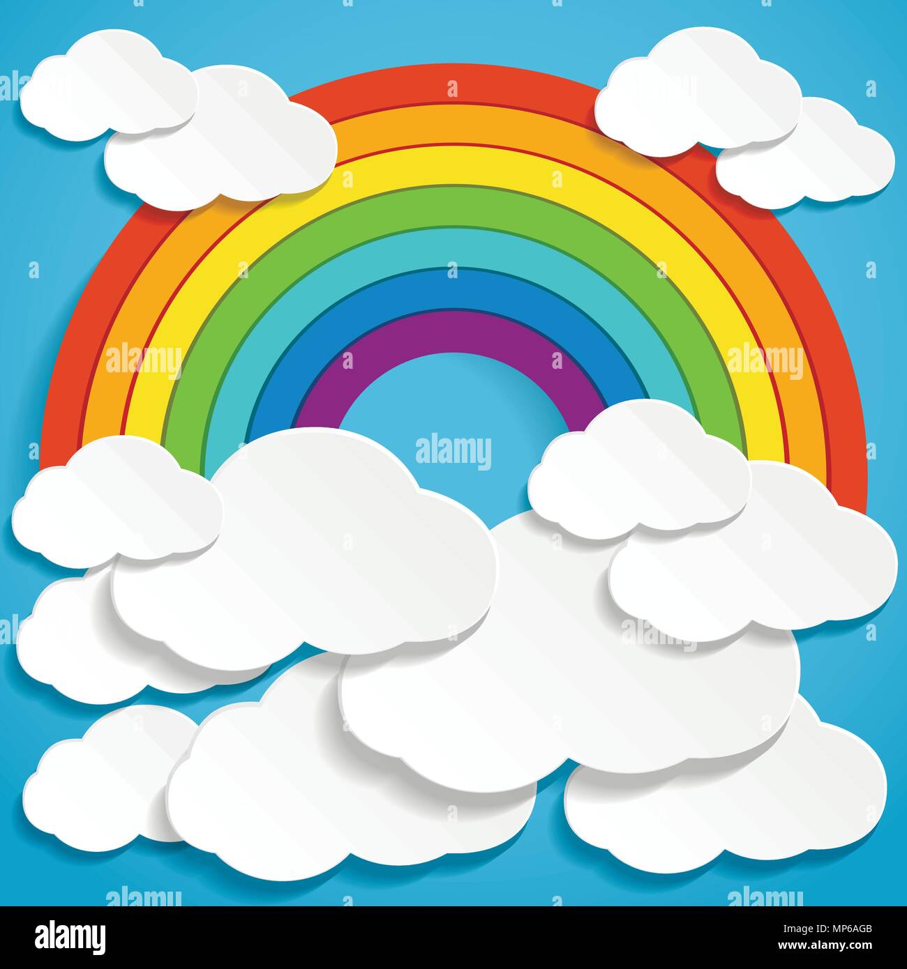 Abstract rainbow and clouds on sky. Paper art style. Vector illustration. Stock Vector