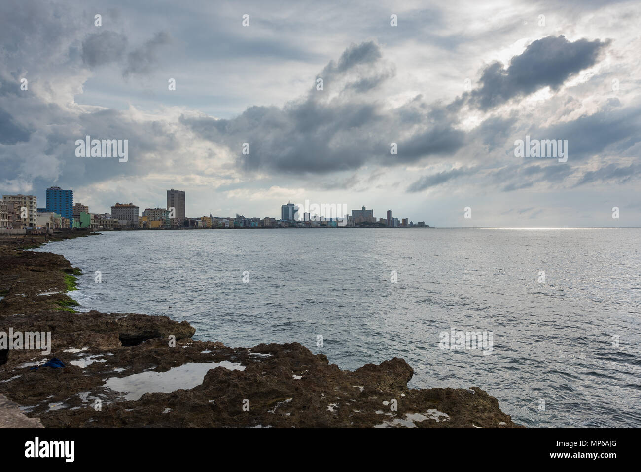 A view of the Havana Cuba Skyline from between Havana Centro and Havana Vieja. In the distance the neighborhood of Vedado is visible. Stock Photo