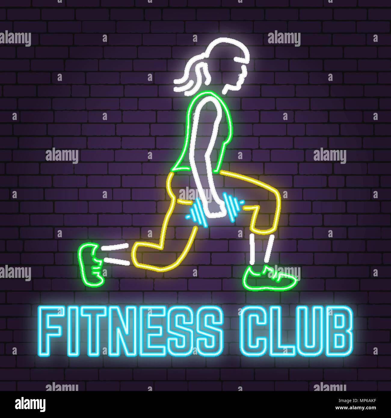 Neon fitness club sign on brick wall background. Vector illustration. Women workout with dumbbells. Neon design for fitness centers emblems, gym signs related health and gym business. Advertisement sign. Stock Vector