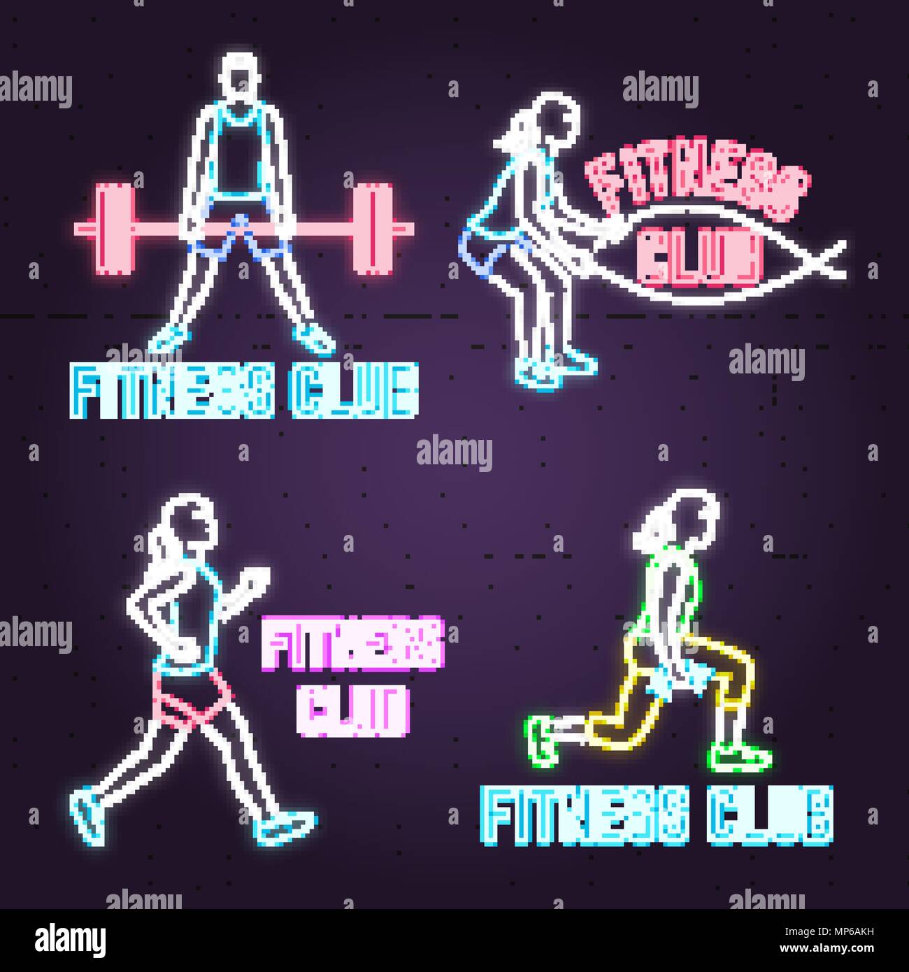 Set of neon fitness club sign on brick wall background. Vector illustration. Neon design for fitness centers emblems, gym signs related health and gym business. Advertisement sign. Stock Vector