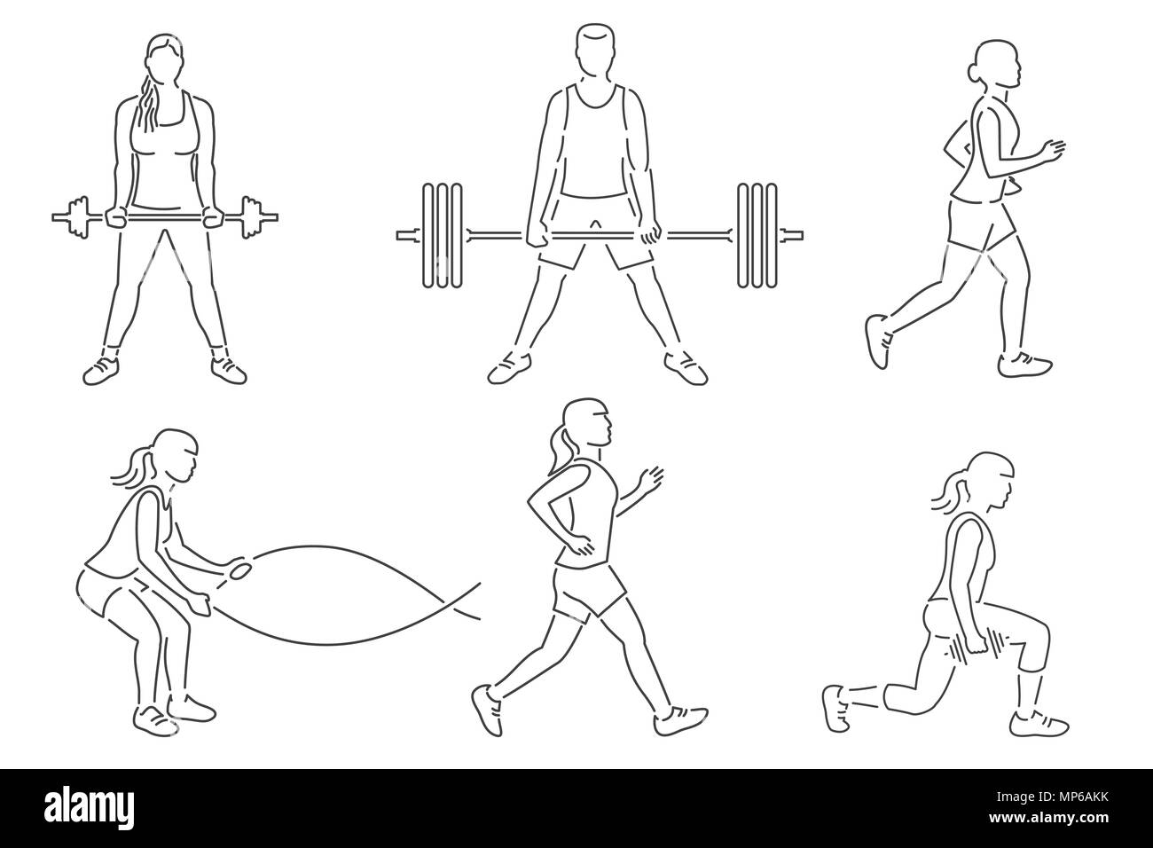 Set of fitness girls and man icon. Running, working out in gym with weight, exercises with battle ropes. Vector. For fitness centers emblems, gym signs. Thin line icon. Stock Vector