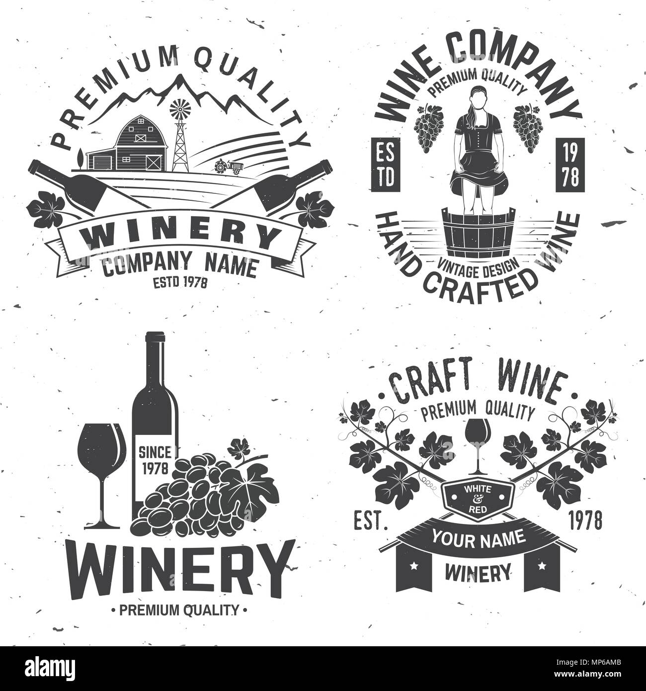Set of wine company badge, sign or label. Vector illustration. Vintage design for winery company, bar, pub, shop, branding and restaurant business. Coaster for wine glasses Stock Vector
