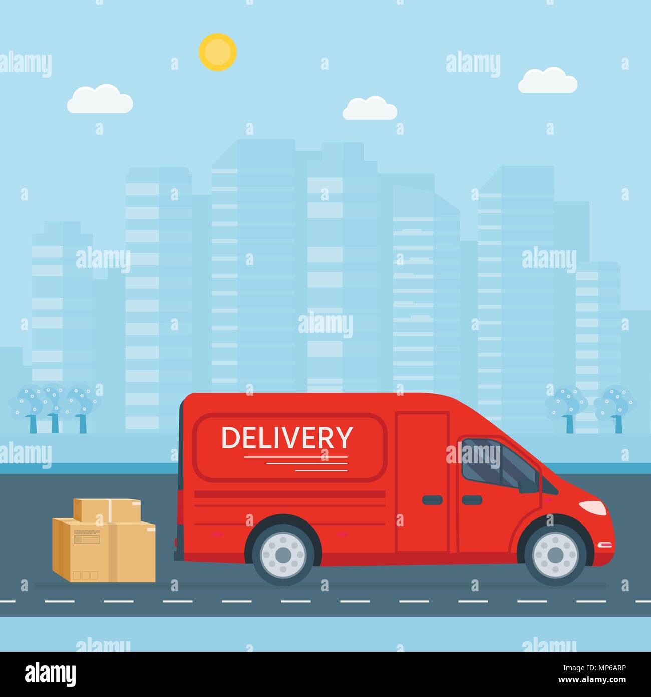 Flat style vector illustration delivery service concept. Truck with box container,  shop shipping. Vector flat conceptual design. Stock Vector