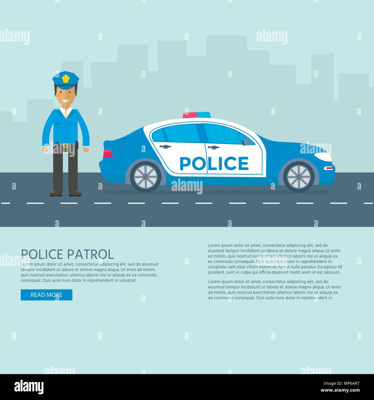 Police patrol on a road with police car, officer, city, nature landscape. Policeman in uniform, vehicle with rooftop flashing lights. Flat vector illu Stock Vector