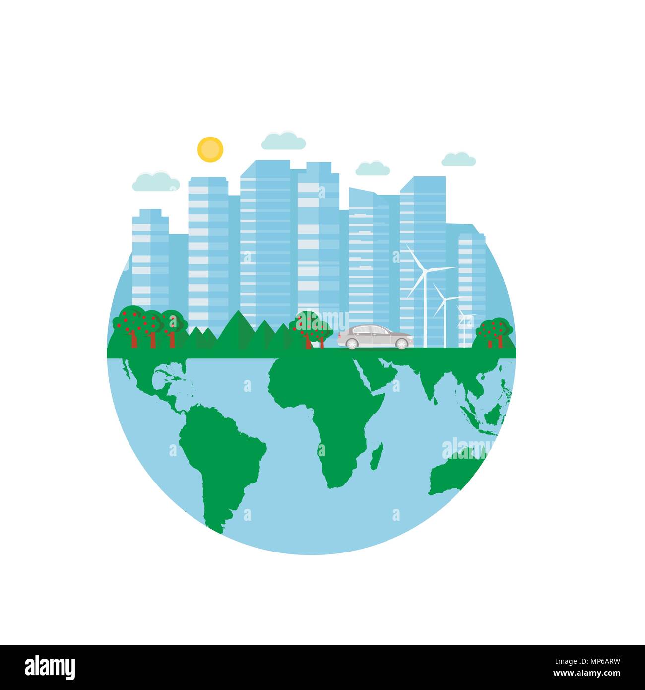 Happy Earth Day postcard with green city, car, wind turbine. Eco friendly ecology concept. World environment day background. Save the earth. Stock Vector
