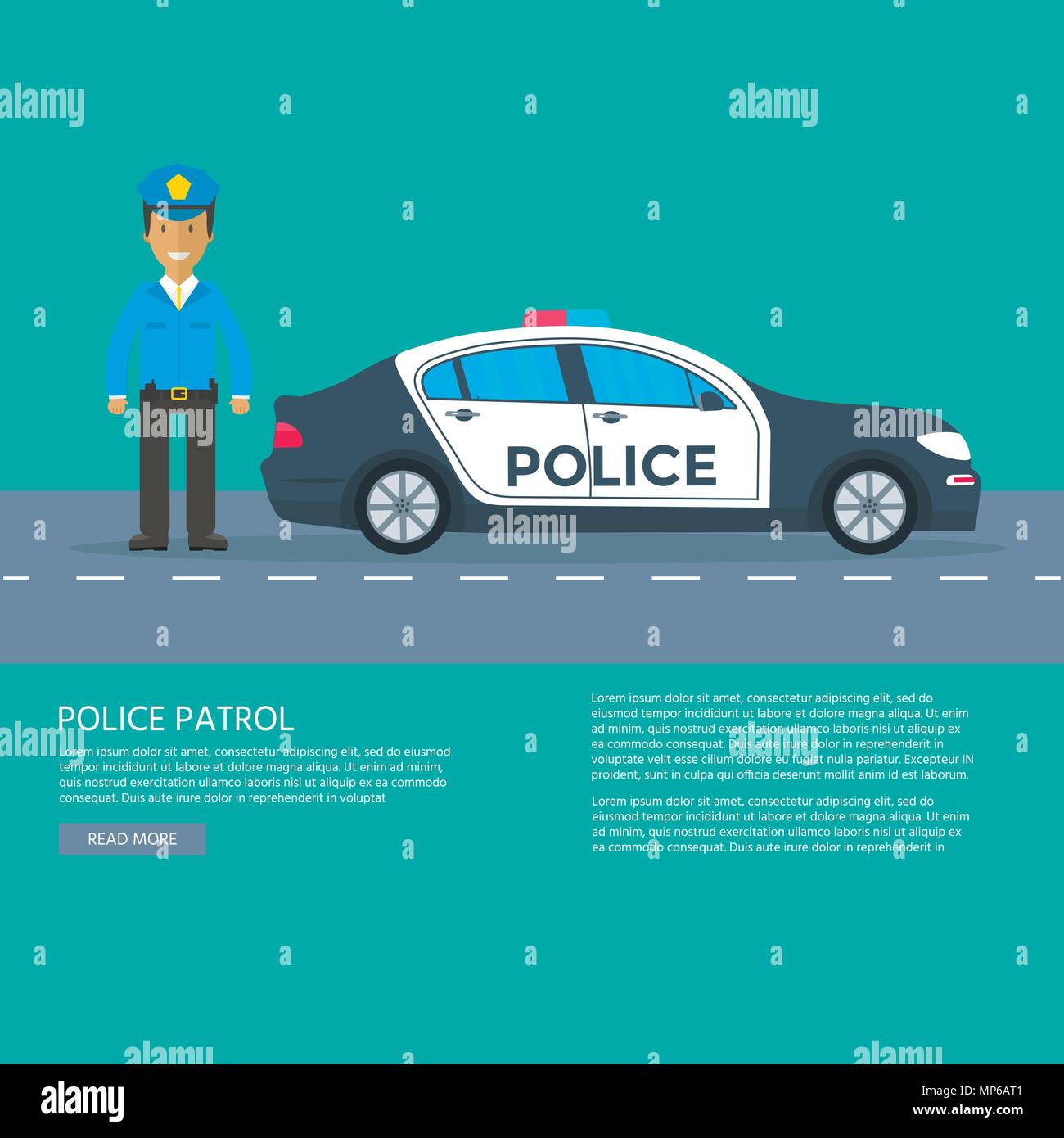 Police patrol on a road with police car for banner, poster, web page. Policeman in uniform, vehicle with rooftop flashing lights. Flat vector illustra Stock Vector