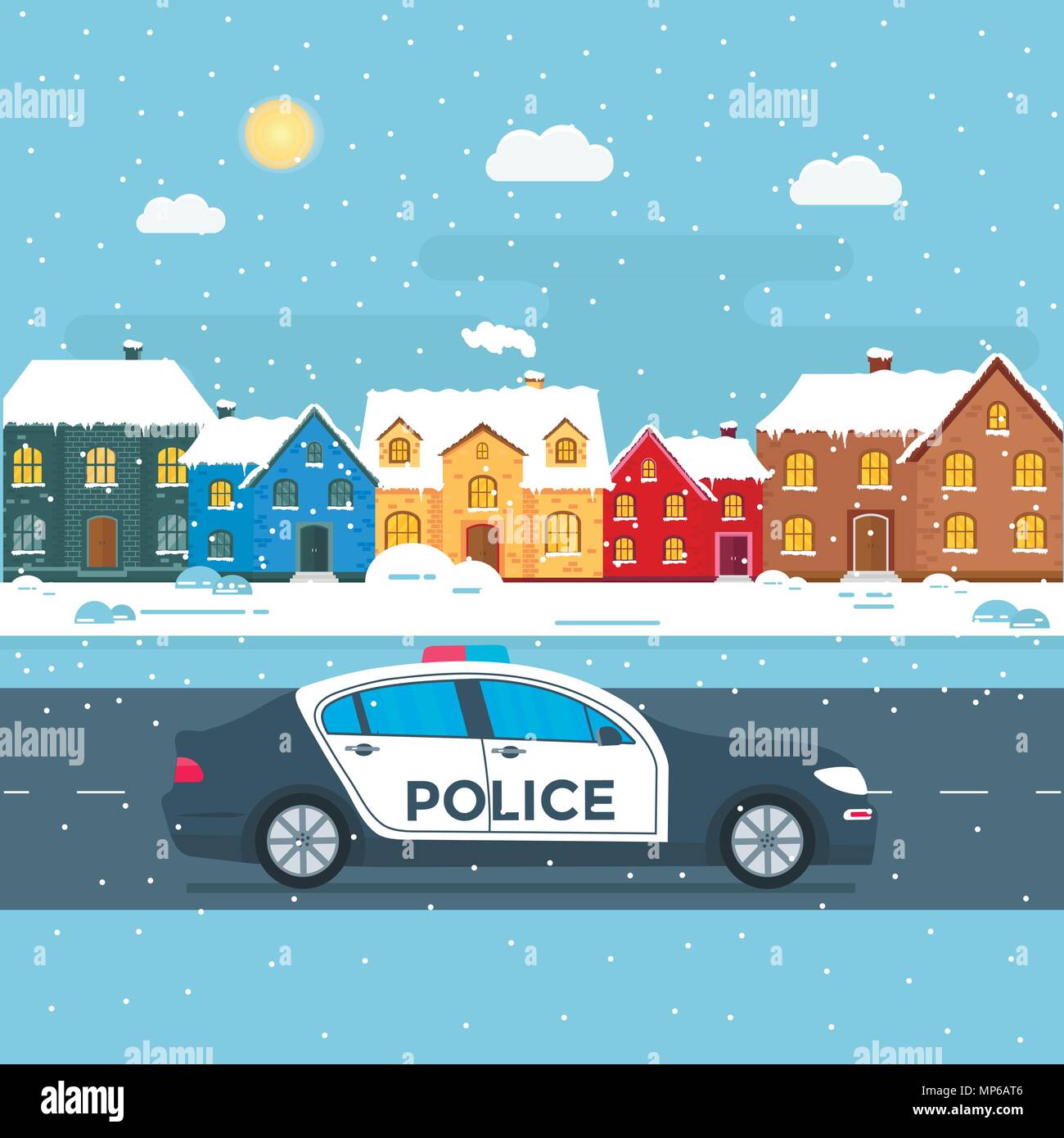Police patrol on a road with police car, officer, city, nature landscape. Policeman in uniform, vehicle with rooftop flashing lights. Flat vector illu Stock Vector