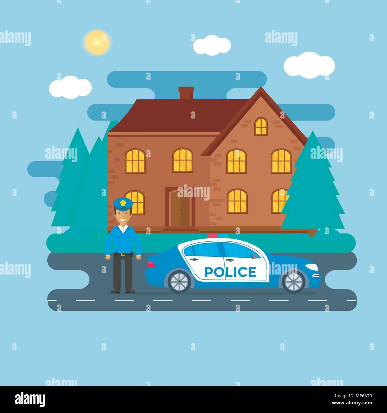 Police patrol on a road with police car, officer, house, nature landscape. Policeman in uniform, vehicle with rooftop flashing lights. Flat vector ill Stock Vector