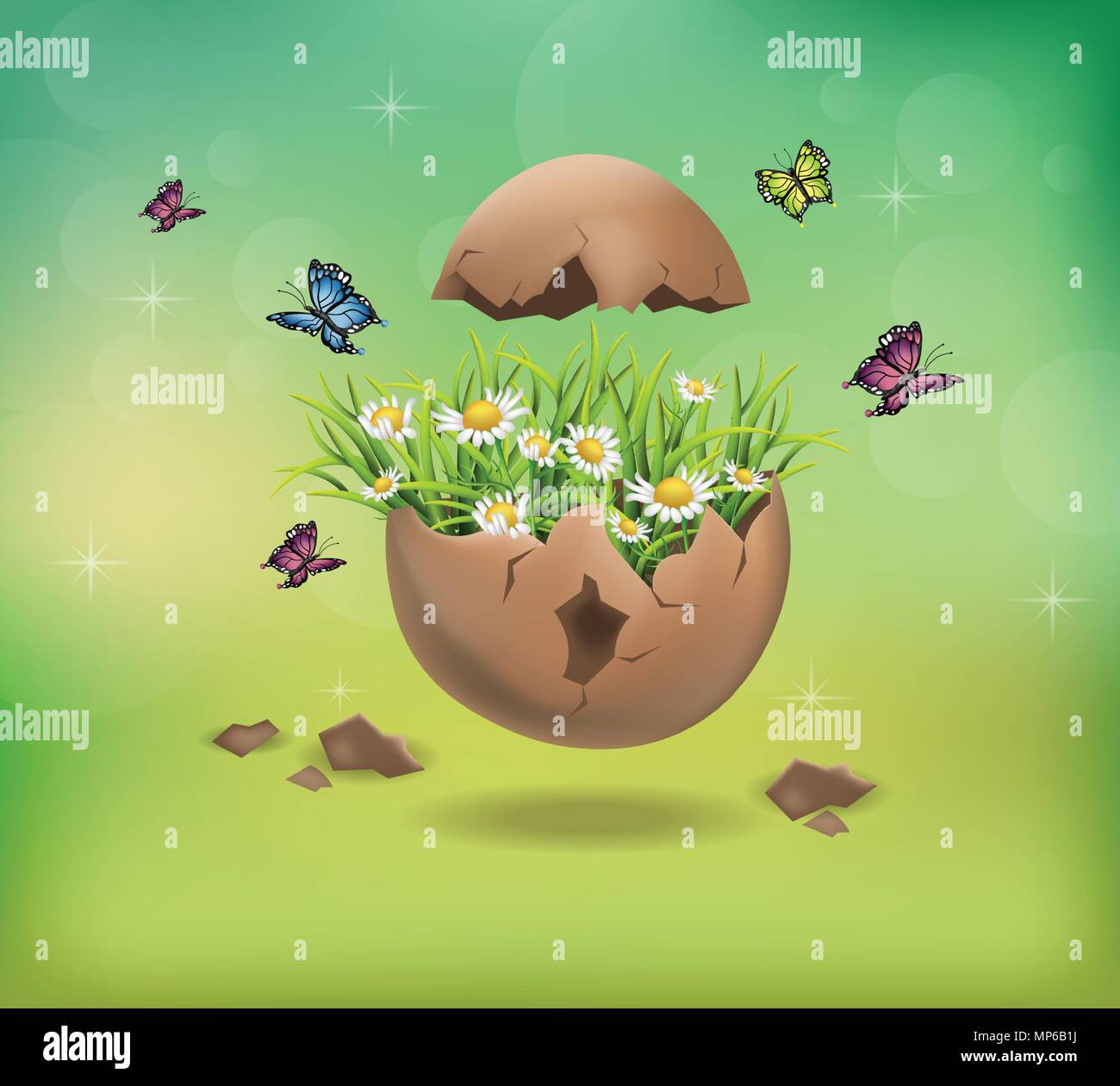 Happy Easter Cracked egg and chamomile flowers illustration Stock Vector